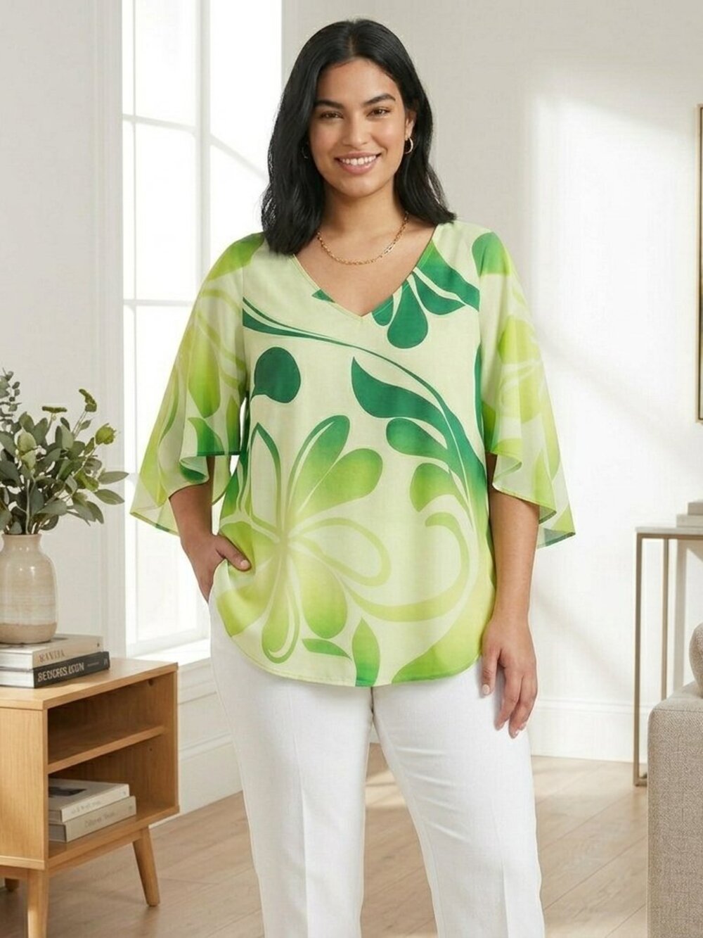 Hawaiian Light Green Floral Print V-Neck Women's Top Size L